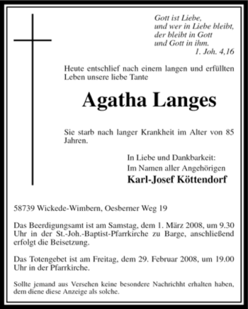 Traueranzeige von Agatha Langes von Tageszeitung