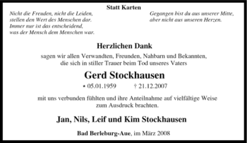 Traueranzeige von Gerd Stockhausen von Tageszeitung