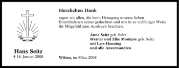 Traueranzeige von Hans Seitz von Tageszeitung