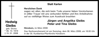 Traueranzeige von Hedwig Gleibs von Tageszeitung