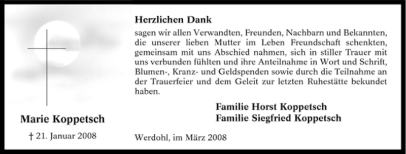  Traueranzeige für Marie Koppetsch vom 01.03.2008 aus Tageszeitung