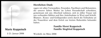 Traueranzeige von Marie Koppetsch von Tageszeitung