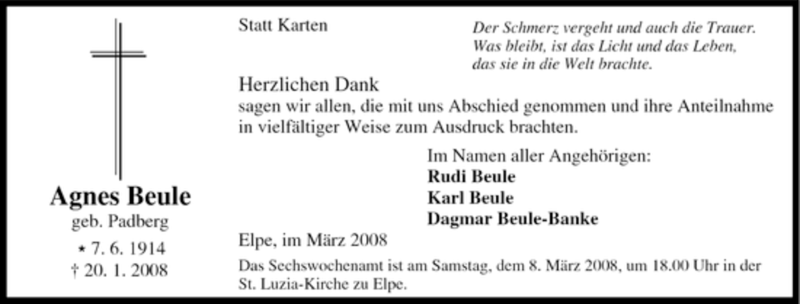  Traueranzeige für Agnes Beule vom 01.03.2008 aus Tageszeitung