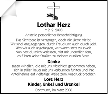 Traueranzeige von Lothar Herz von Tageszeitung