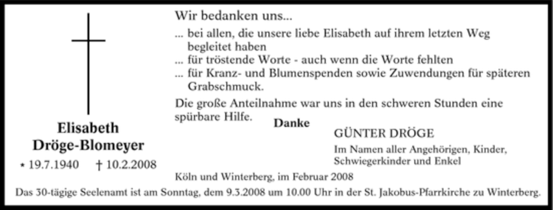  Traueranzeige für Elisabeth Dröge-Blomeyer vom 01.03.2008 aus Tageszeitung