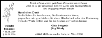 Traueranzeige von Wilhelm Bongards von Tageszeitung