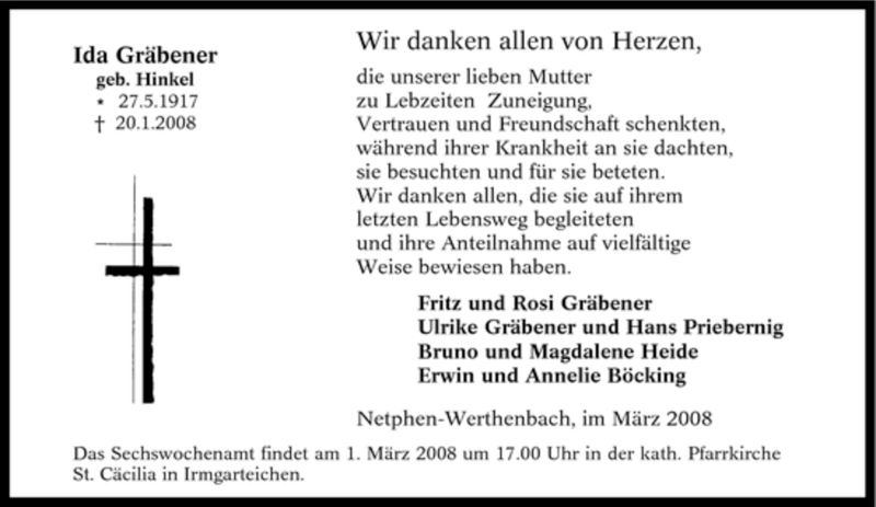  Traueranzeige für Ida Gräbener vom 01.03.2008 aus Tageszeitung