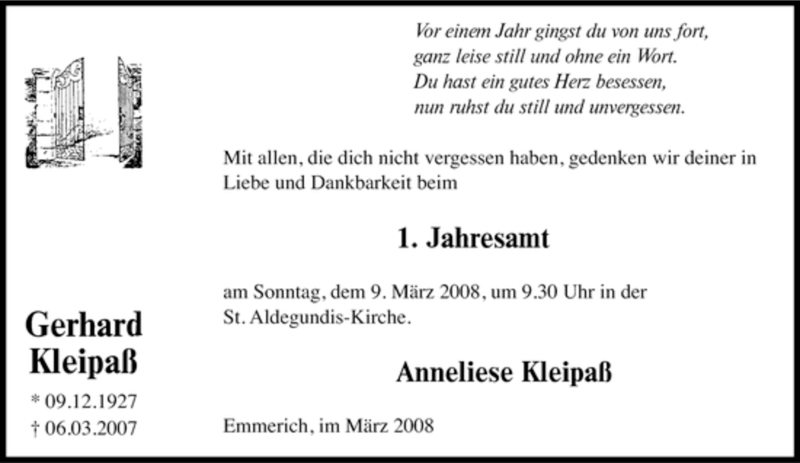  Traueranzeige für Gerhard Kleipaß vom 01.03.2008 aus Tageszeitung