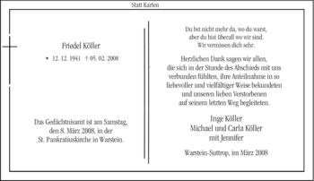 Traueranzeige von Friedel Köller von Tageszeitung