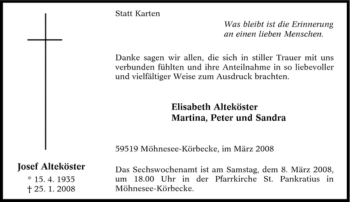 Traueranzeige von Josef Alteköster von Tageszeitung
