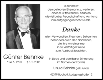 Traueranzeige von Günter Behnke von Tageszeitung