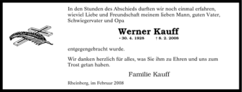 Traueranzeige von Werner Kauff von Tageszeitung