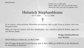Traueranzeige von Heinrich Stephanblome von Tageszeitung