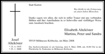 Traueranzeige von Josef Alteköster von Tageszeitung
