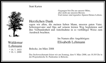 Traueranzeige von Waldemar Lehmann von Tageszeitung