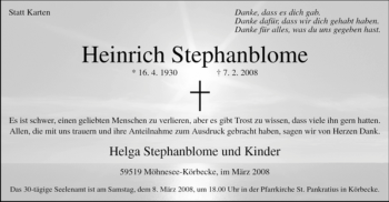 Traueranzeige von Heinrich Stephanblome von Tageszeitung