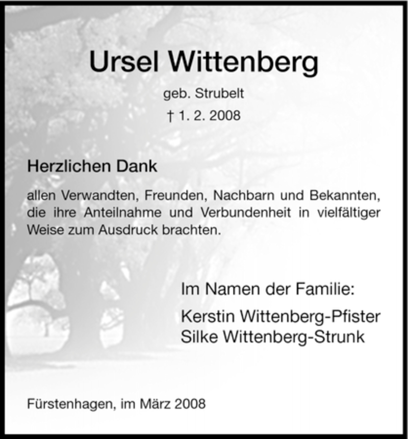  Traueranzeige für Ursel Wittenberg vom 01.03.2008 aus Tageszeitung