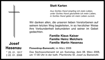 Traueranzeige von Josef Hasenau von Tageszeitung