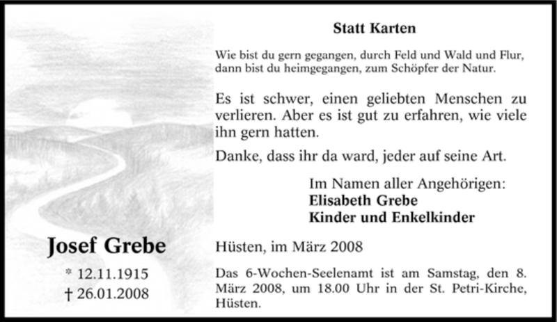  Traueranzeige für Josef Grebe vom 03.03.2008 aus Tageszeitung