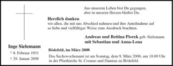 Traueranzeige von Inge Sielemann von Tageszeitung