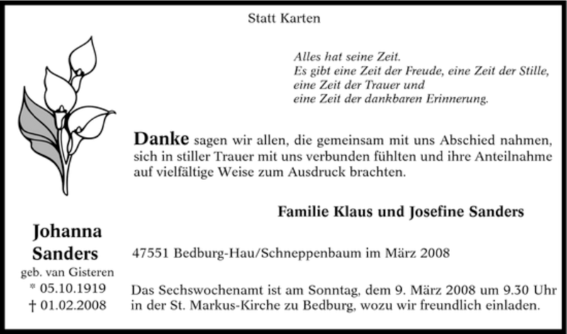  Traueranzeige für Johanna Sanders vom 03.03.2008 aus Tageszeitung