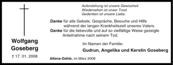 Traueranzeige von Wolfgang Goseberg von Tageszeitung