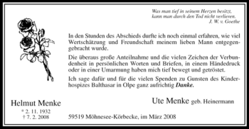 Traueranzeige von Helmut Menke von Tageszeitung