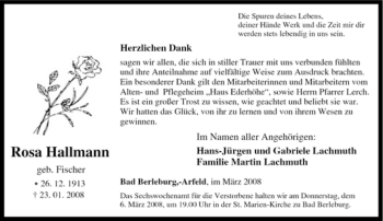Traueranzeige von Rosa Hallmann von Tageszeitung