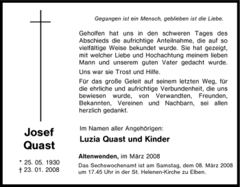 Traueranzeige von Josef Quast von Tageszeitung