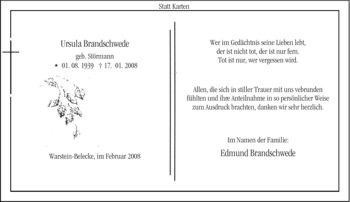 Traueranzeige von Ursula Brandschwede von Tageszeitung