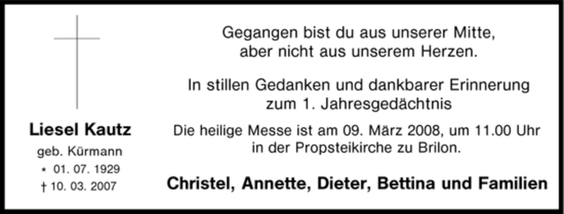 Traueranzeige für Liesel Kautz vom 05.03.2008 aus Tageszeitung