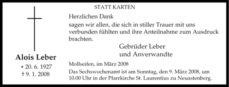  Traueranzeige für Alois Leber vom 05.03.2008 aus Tageszeitung