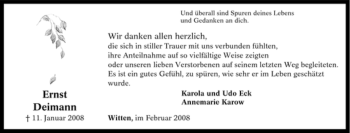 Traueranzeige von Ernst Deimann von Tageszeitung