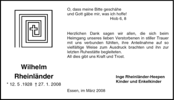 Traueranzeige von Wilhelm Rheinländer von Tageszeitung