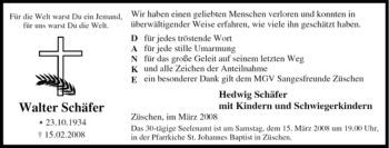 Traueranzeige von Walter Schäfer von Tageszeitung