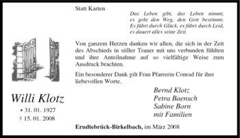 Traueranzeige von Willi Klotz von Tageszeitung
