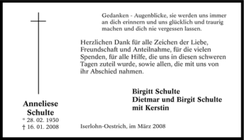 Traueranzeige von Anneliese Schulte von Tageszeitung
