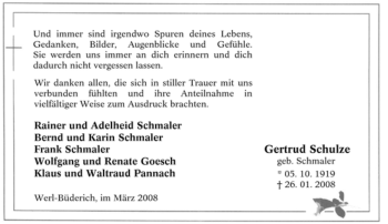 Traueranzeige von Gertrud Schulze von Tageszeitung