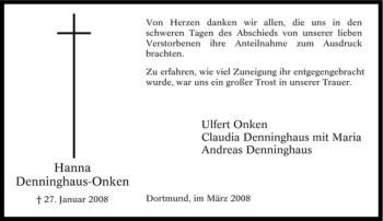 Traueranzeige von Hanna Denninghaus-Onken von Tageszeitung