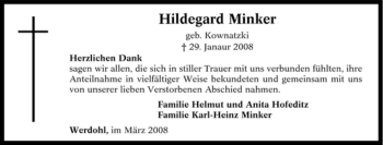 Traueranzeige von Hildegard Minker von Tageszeitung
