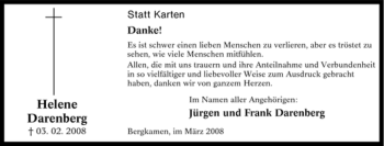 Traueranzeige von Helene Darenberg von Tageszeitung