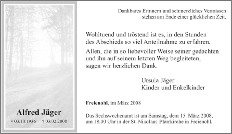 Traueranzeigen von Alfred Jäger TrauerinNRW.de
