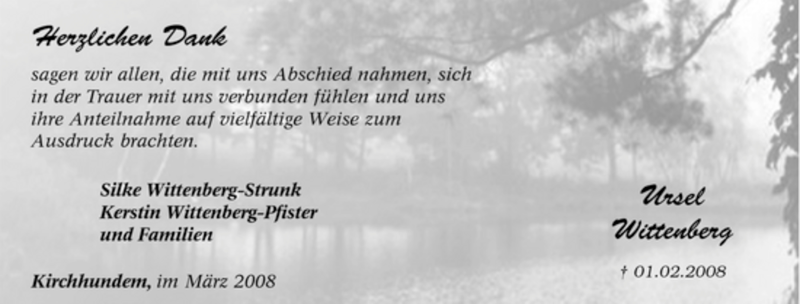  Traueranzeige für Ursel Wittenberg vom 08.03.2008 aus Tageszeitung