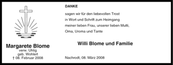 Traueranzeige von Margarete Blome von Tageszeitung