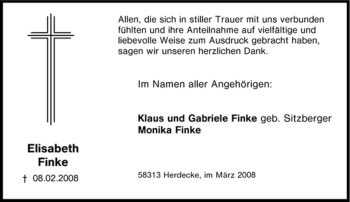 Traueranzeige von Elisabeth Finke von Tageszeitung