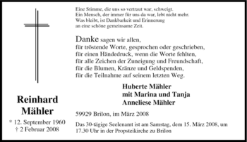 Traueranzeige von Reinhard Mähler von Tageszeitung