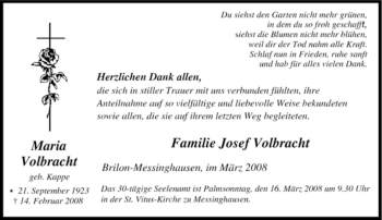 Traueranzeige von Maria Volbracht von Tageszeitung