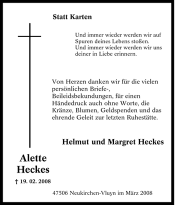 Traueranzeige von Alette Heckes von Tageszeitung
