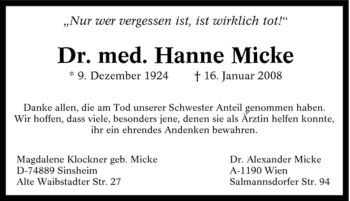 Traueranzeige von Hanne Micke von Tageszeitung