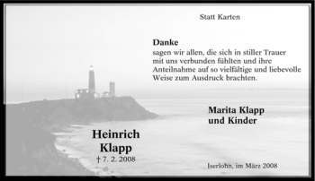 Traueranzeige von Heinrich Klapp von Tageszeitung